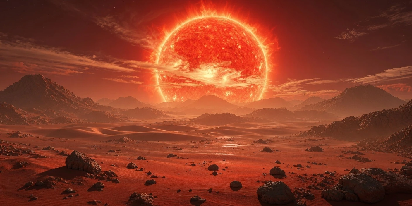 Desert world under a red giant and intense sun
