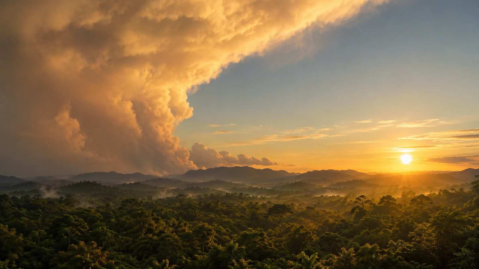 Sunset storm over a vast jungle