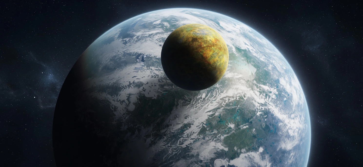 Jungle moon passing before a cloud-covered habitable planet