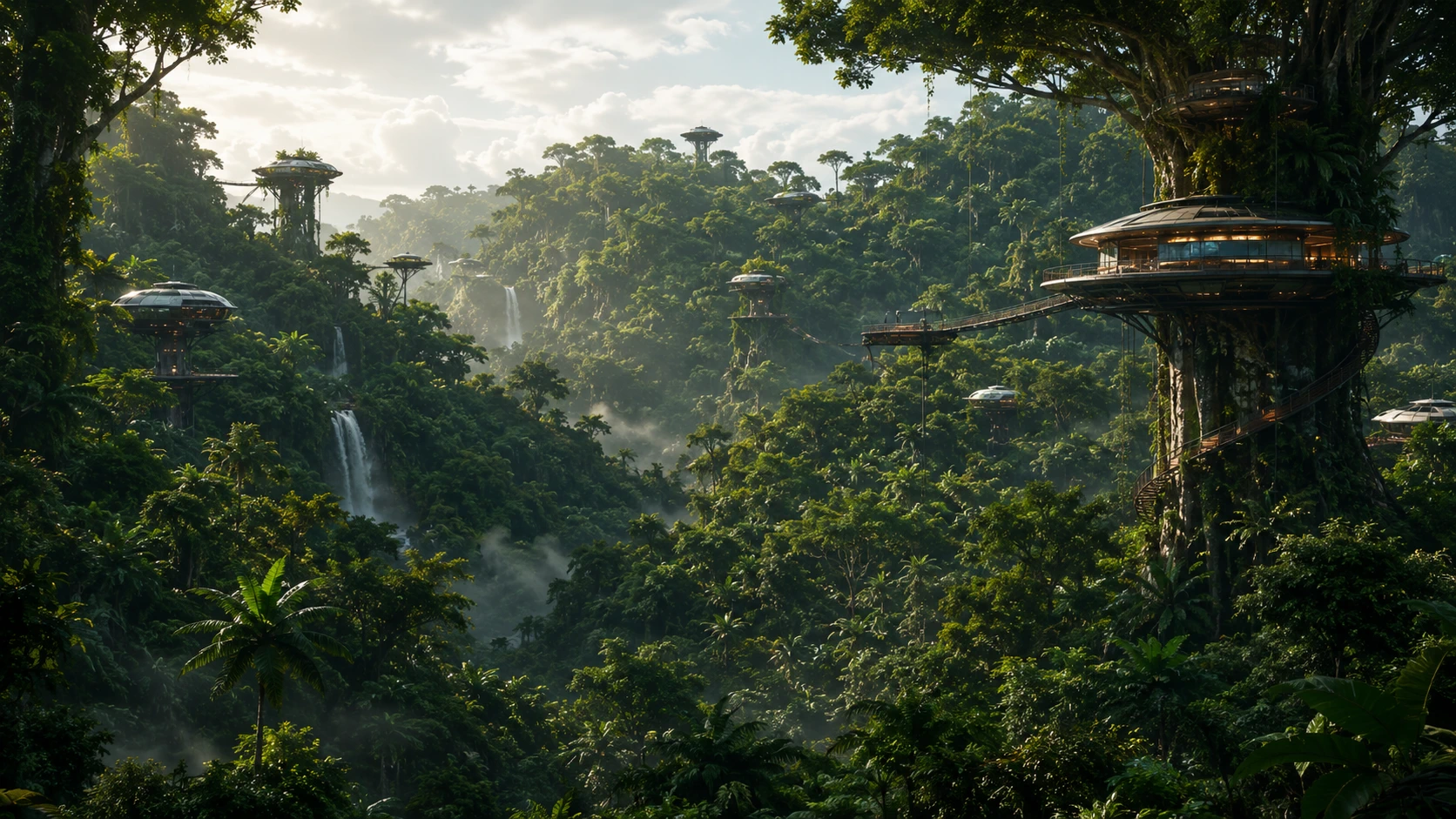 Futuristic elevated settlement integrated into giant jungle trees